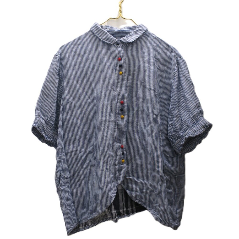 Women's Blouse Blue White Stripes Colored Buttons One Size NWT